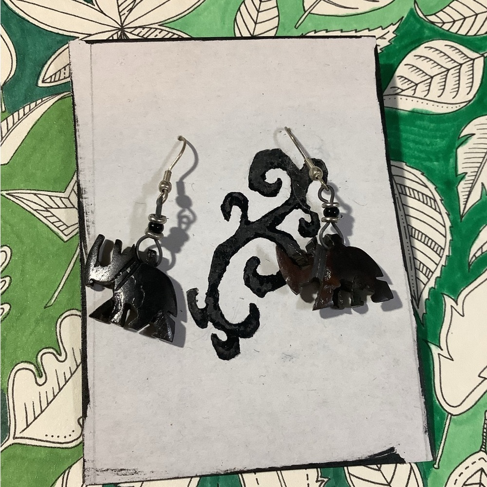 Wooden Rhinoceros Charm Earrings